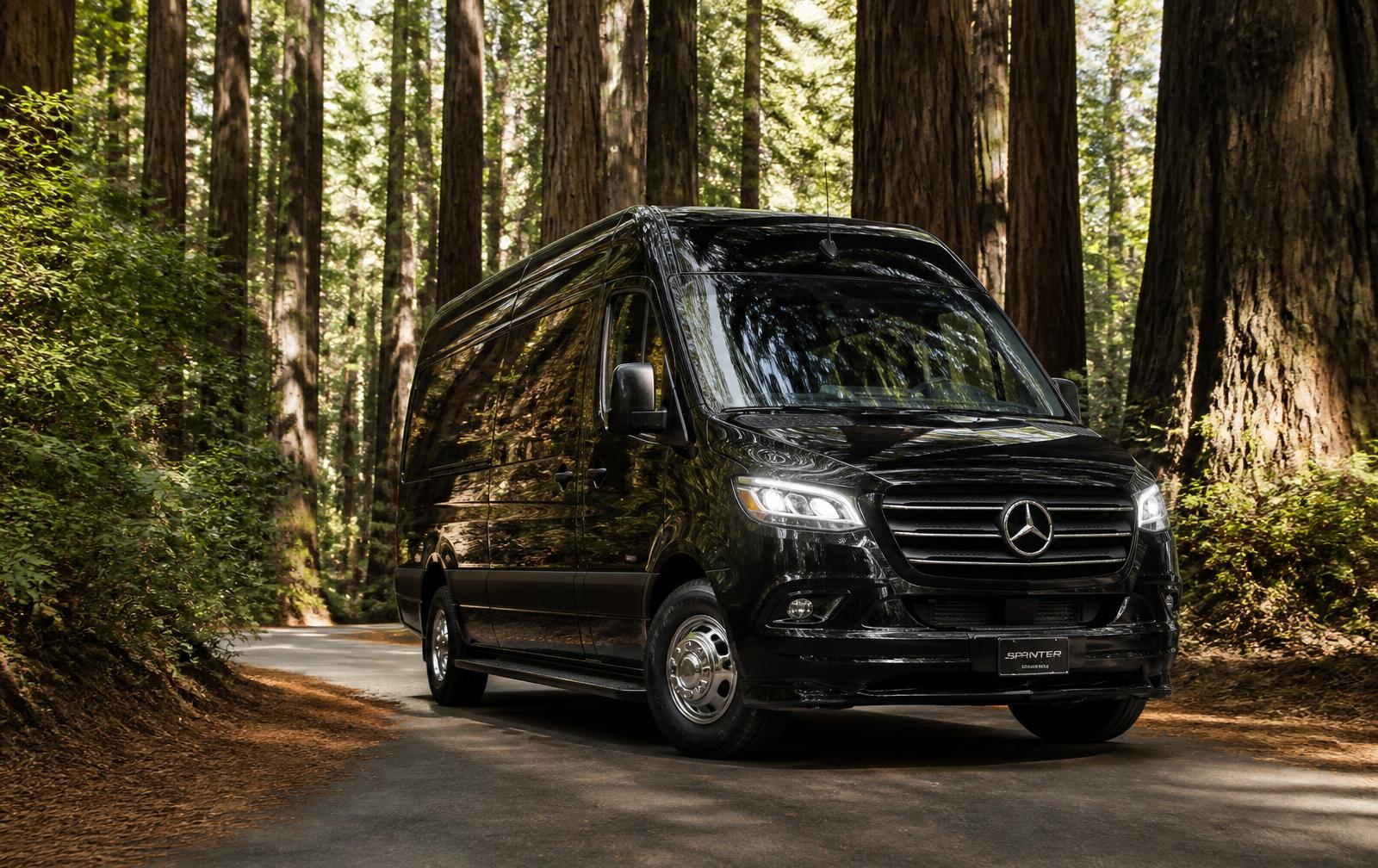 EvolveLimo executive Sprinter parked on a forest road, showing exterior and door access