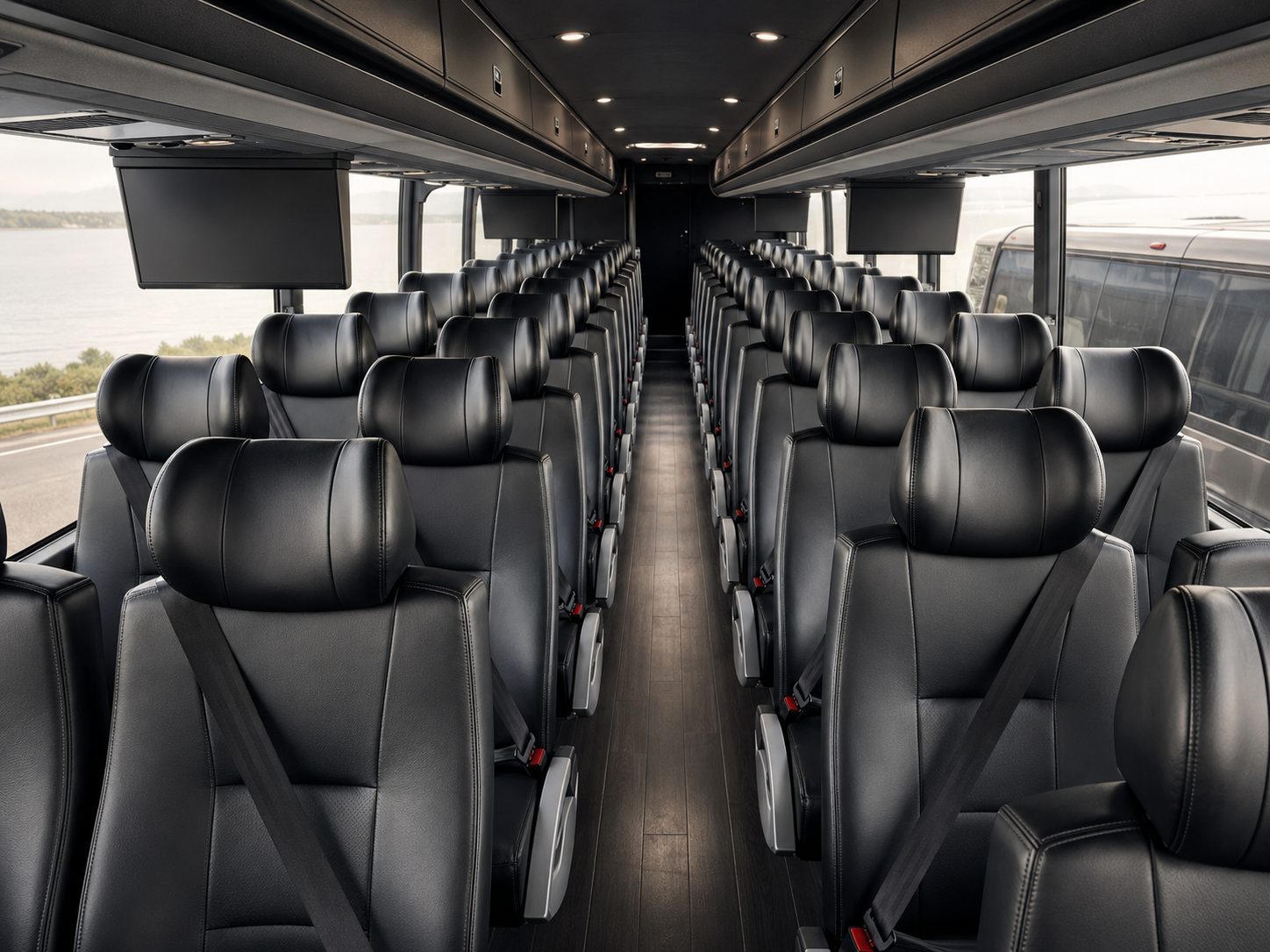 Interior seating of an EvolveLimo executive coach with forward-facing upholstered seats